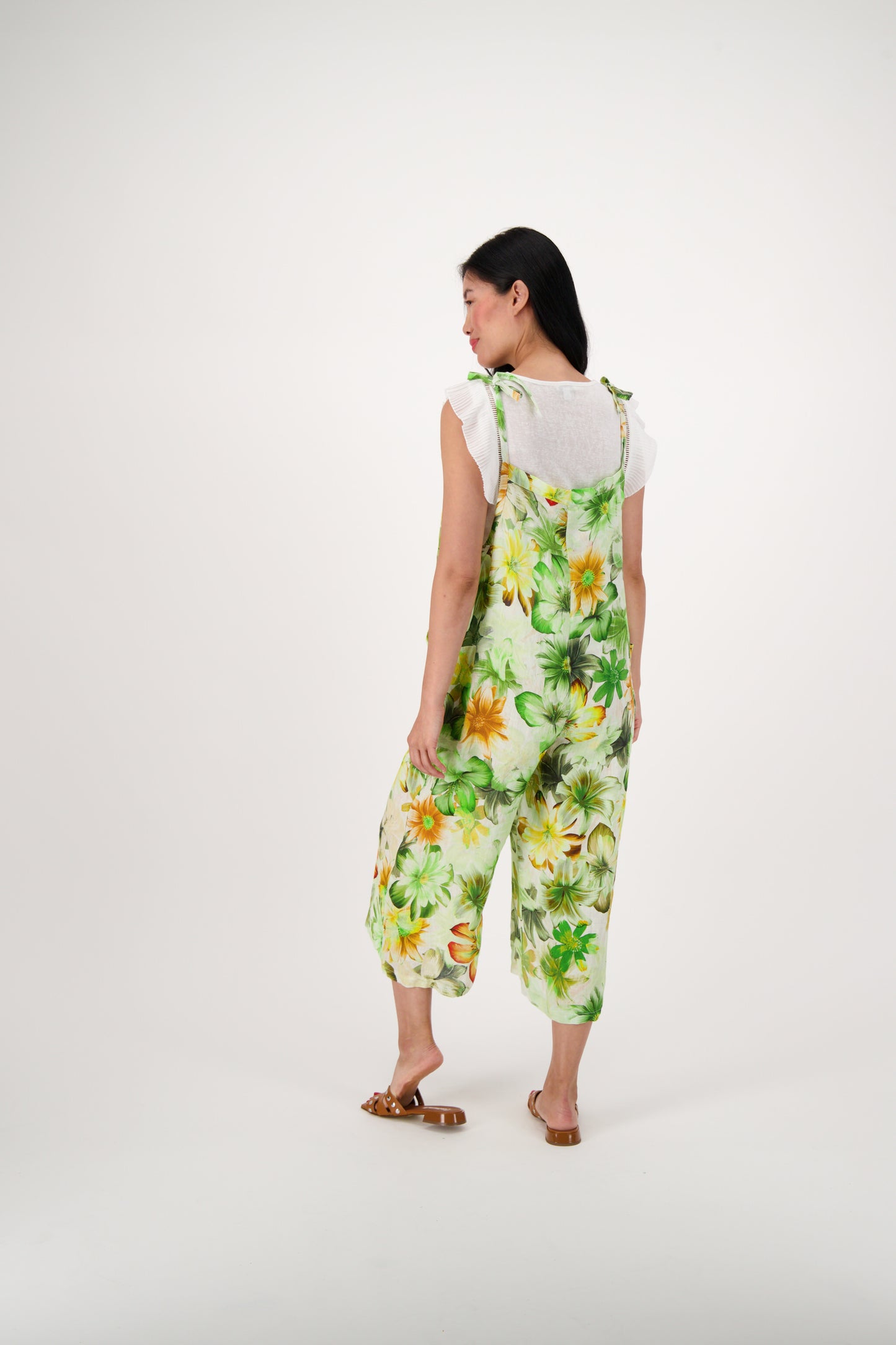 Green Floral Print Linen Tie-Shoulder Jumpsuit