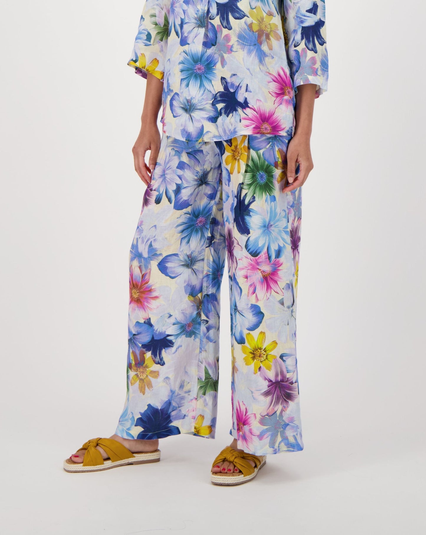 Blue Floral Print Linen Wide Leg Pant