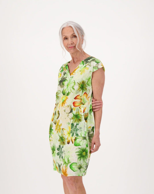 Green Floral Print Linen Dress