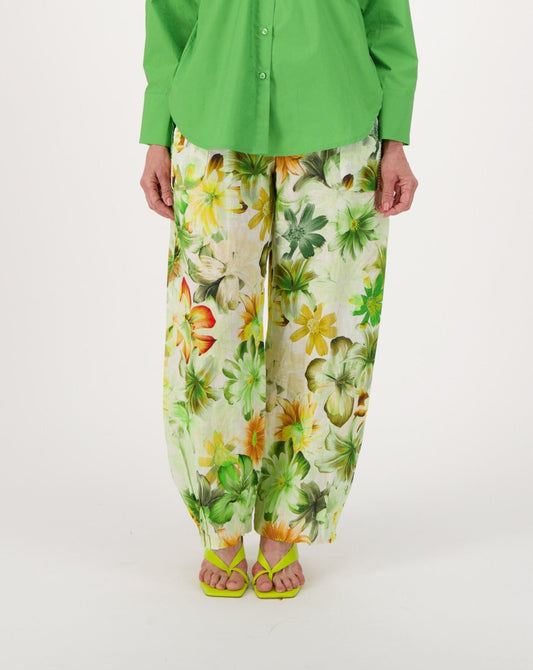 Green Floral Print Linen Wide Leg Pant