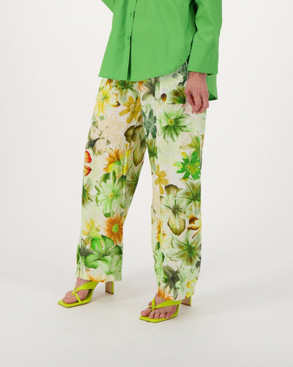 Green Floral Print Linen Wide Leg Pant