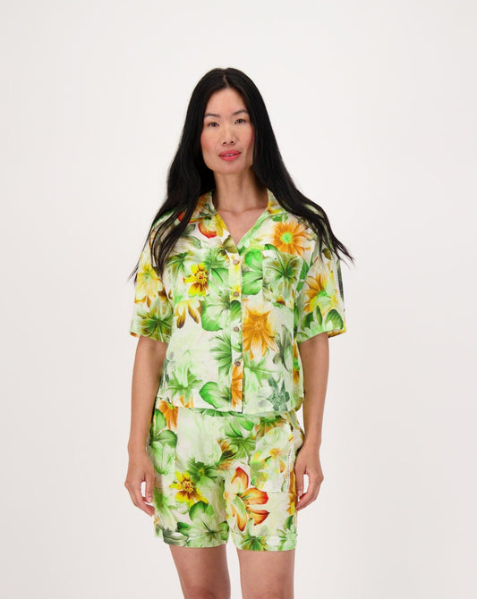 Green Floral Print Linen Shirt
