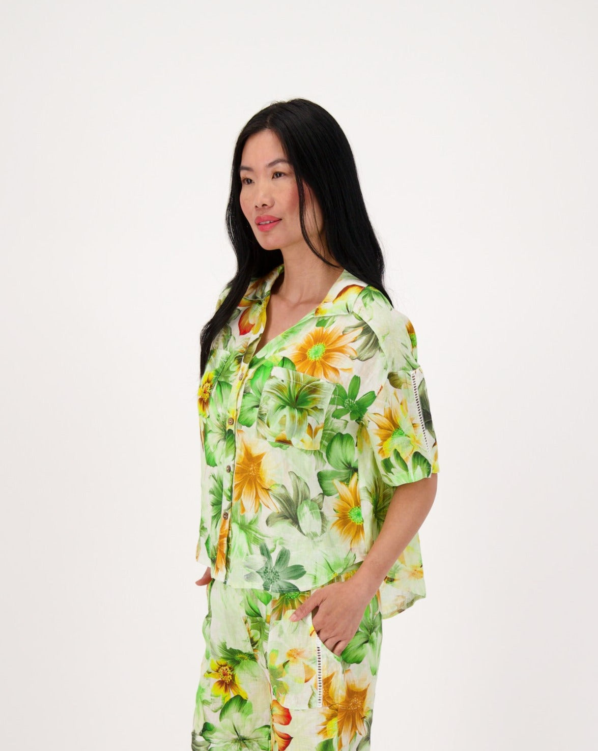 Green Floral Print Linen Shirt