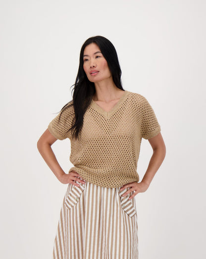 Relaxed V-Neck Open Stitch Pullover