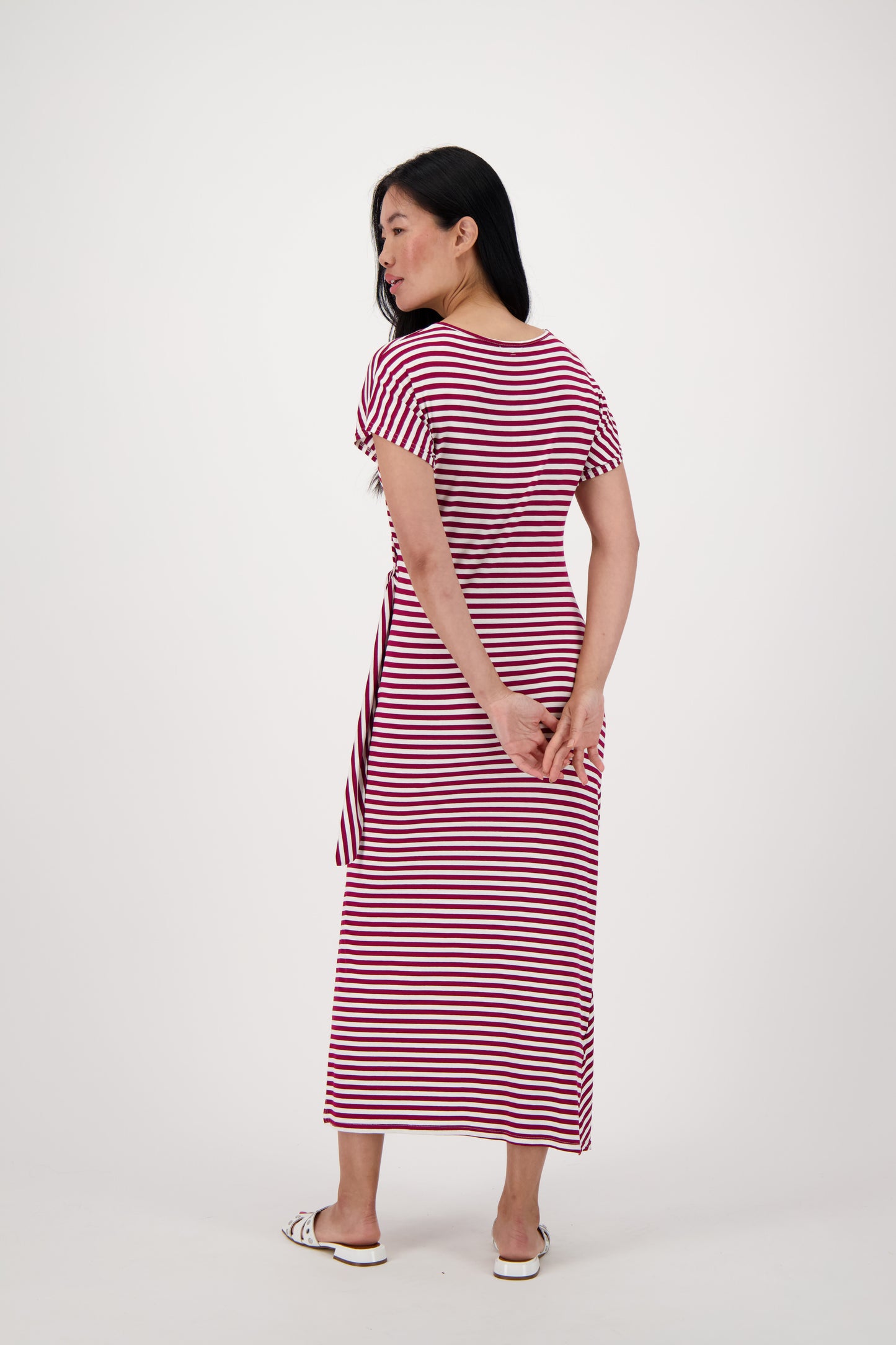 Cinched Waist Striped Midi Dress with Side Slit