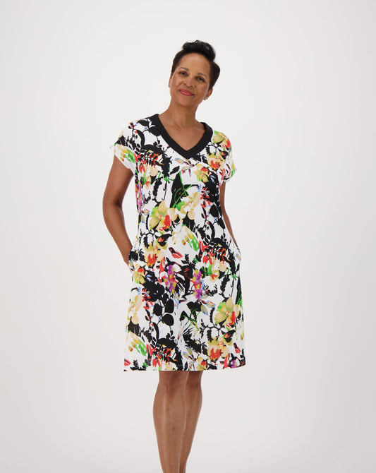 Short Sleeve A-Line Dress With Black Neck Binding