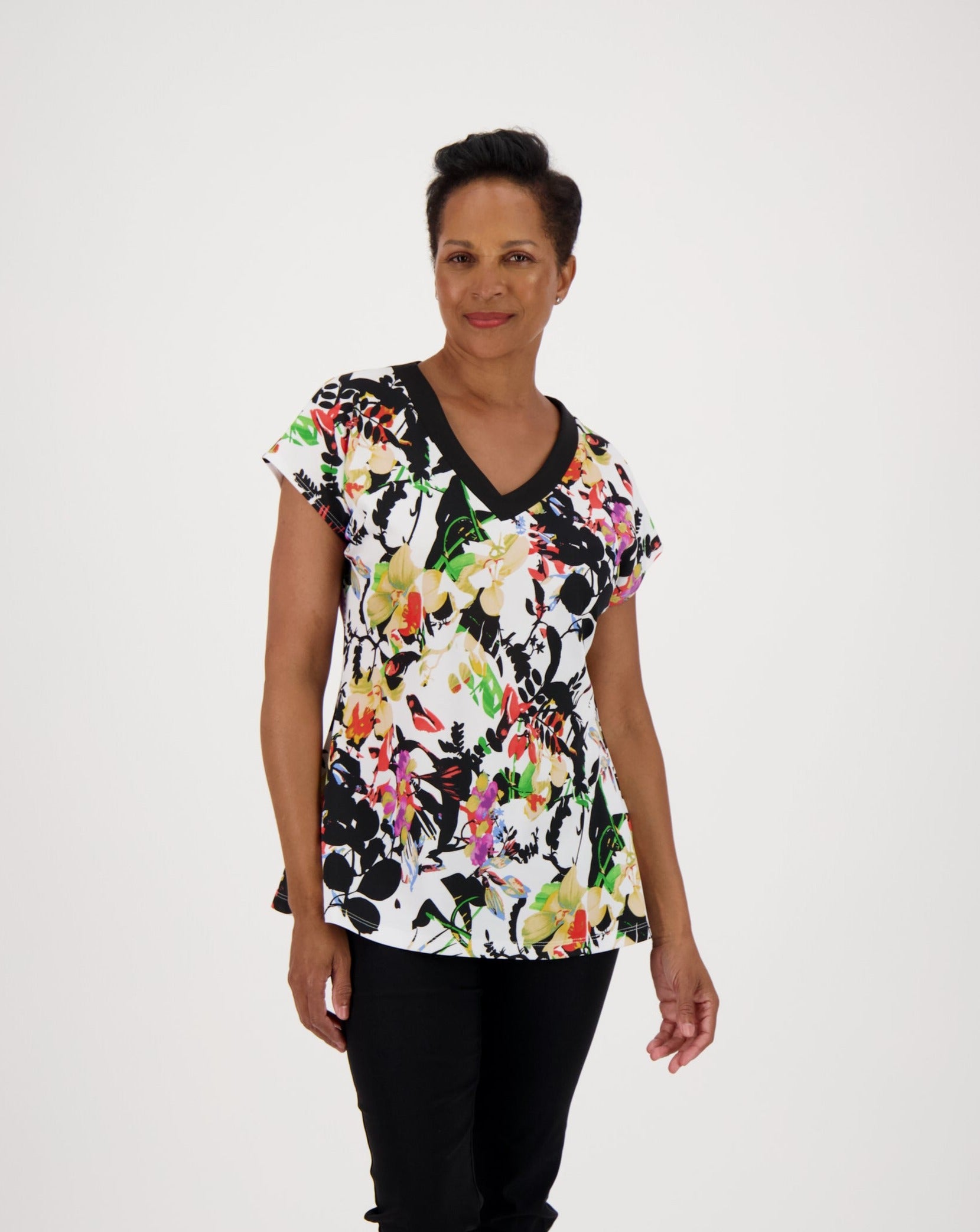 Short Sleeve Top with Black Neck Binding