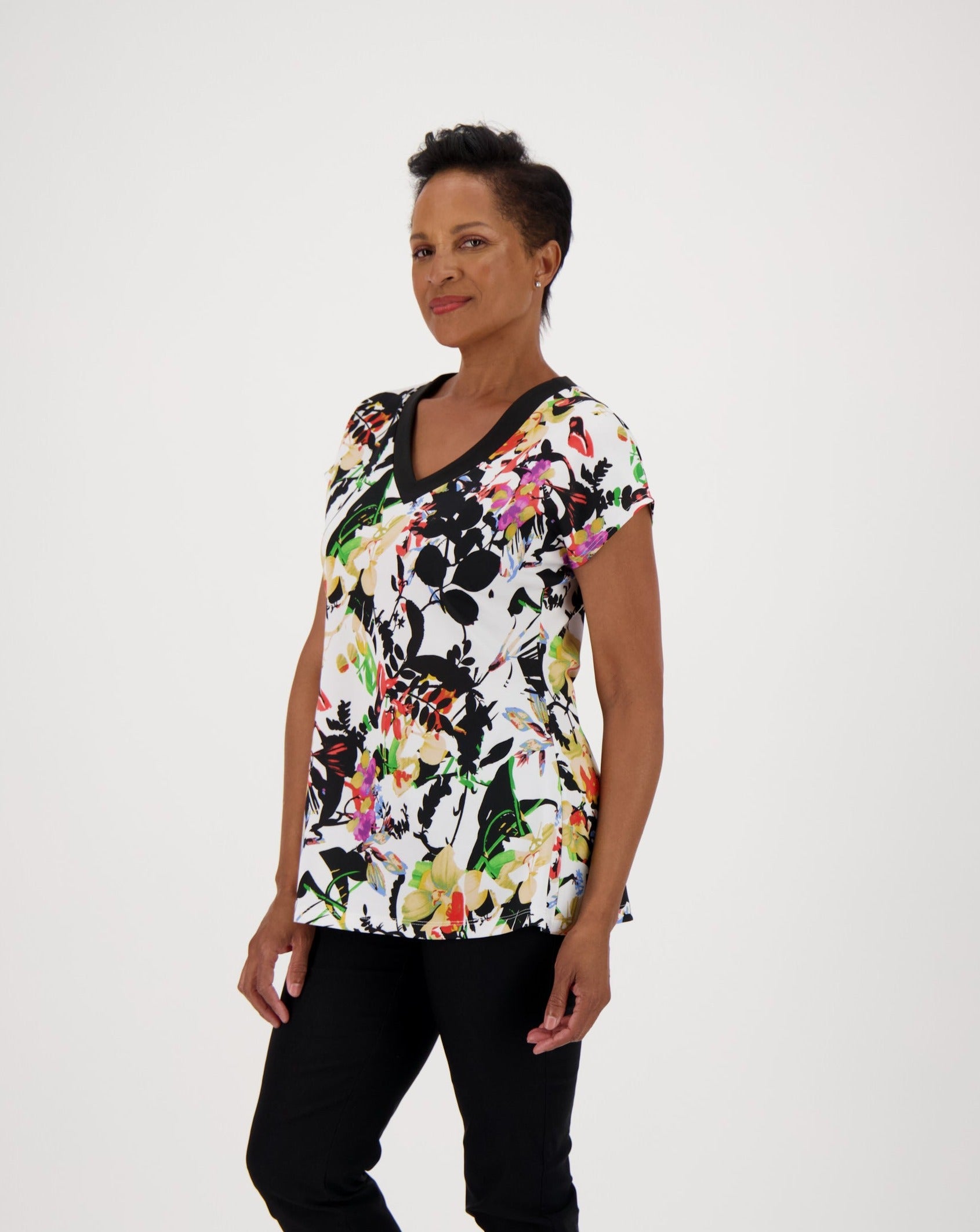 Short Sleeve Top with Black Neck Binding