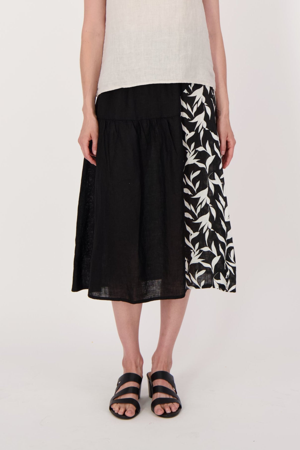 Linen Leaf Print Half And Half Skirt