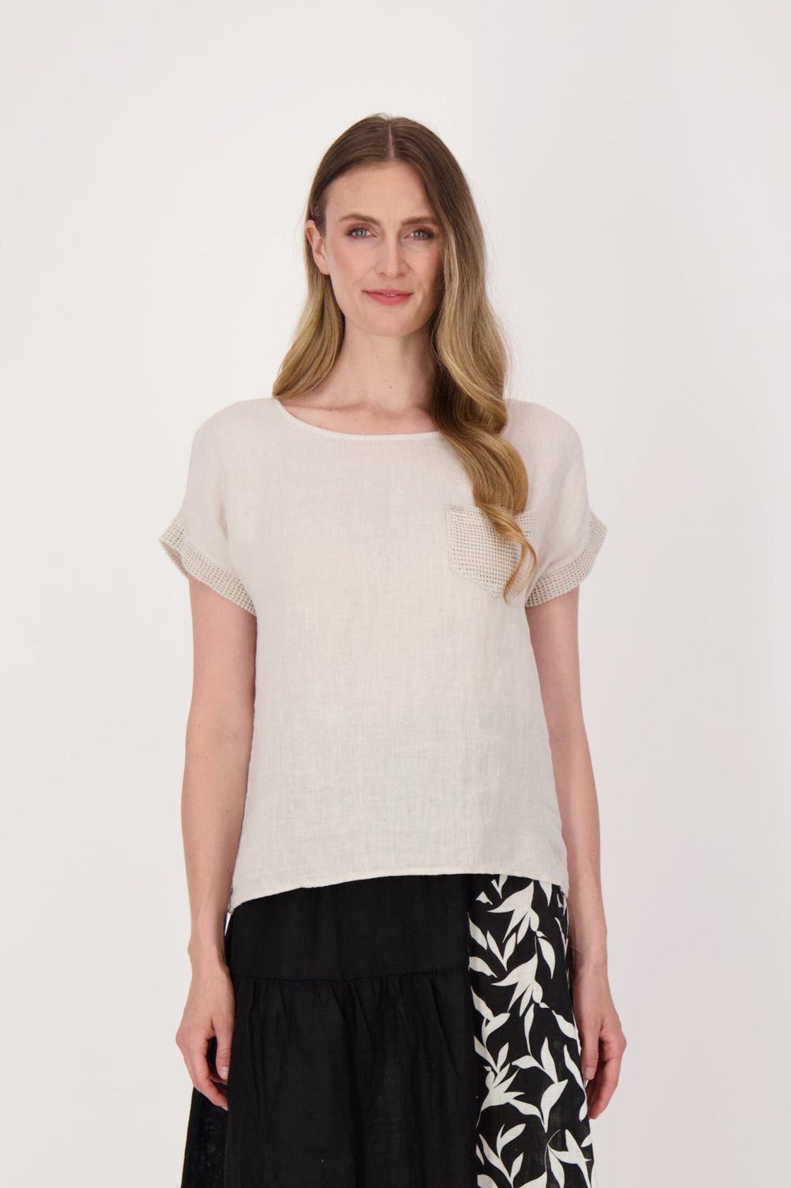 Linen Mesh Detail Short Sleeve Shirt