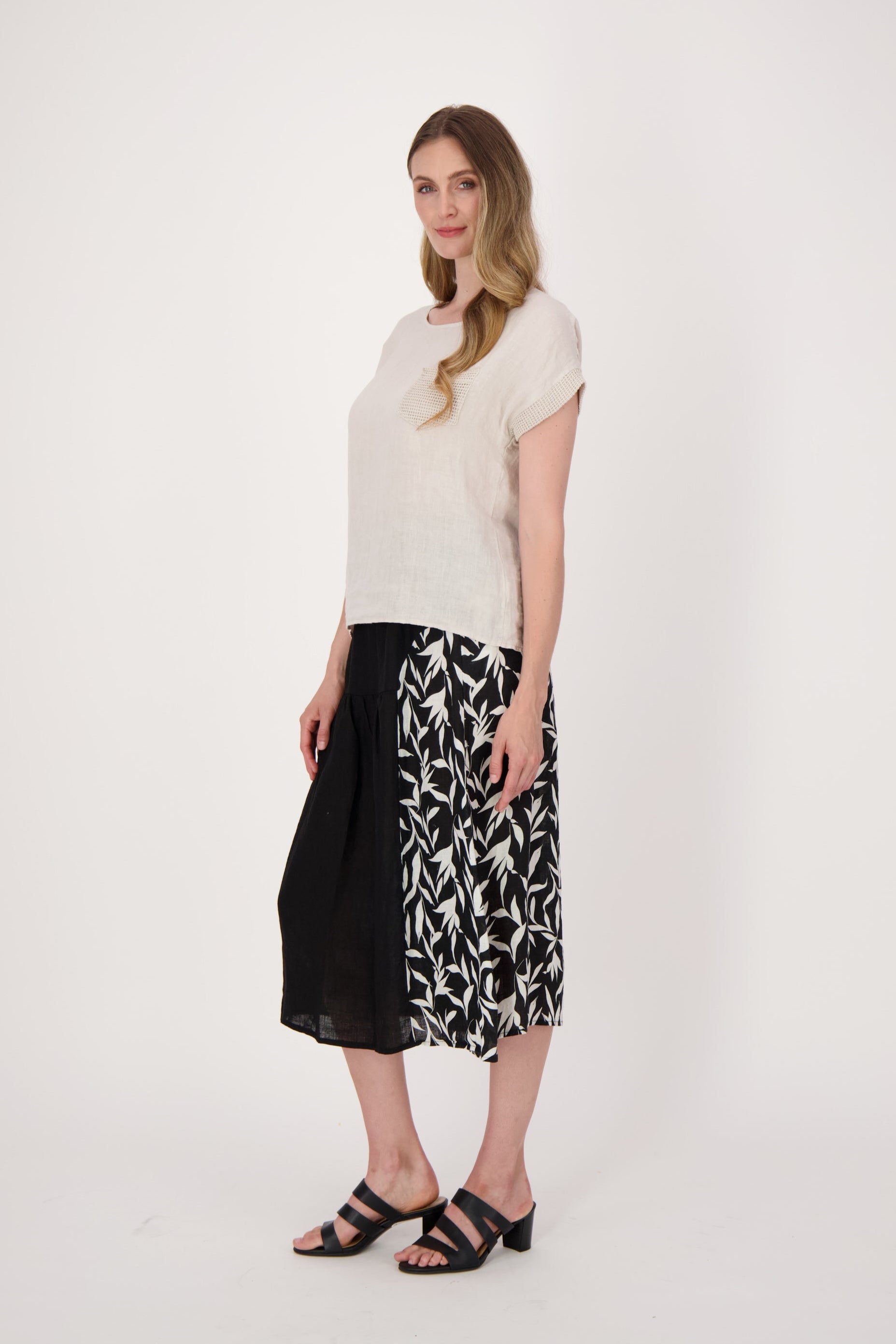 Linen Leaf Print Half And Half Skirt