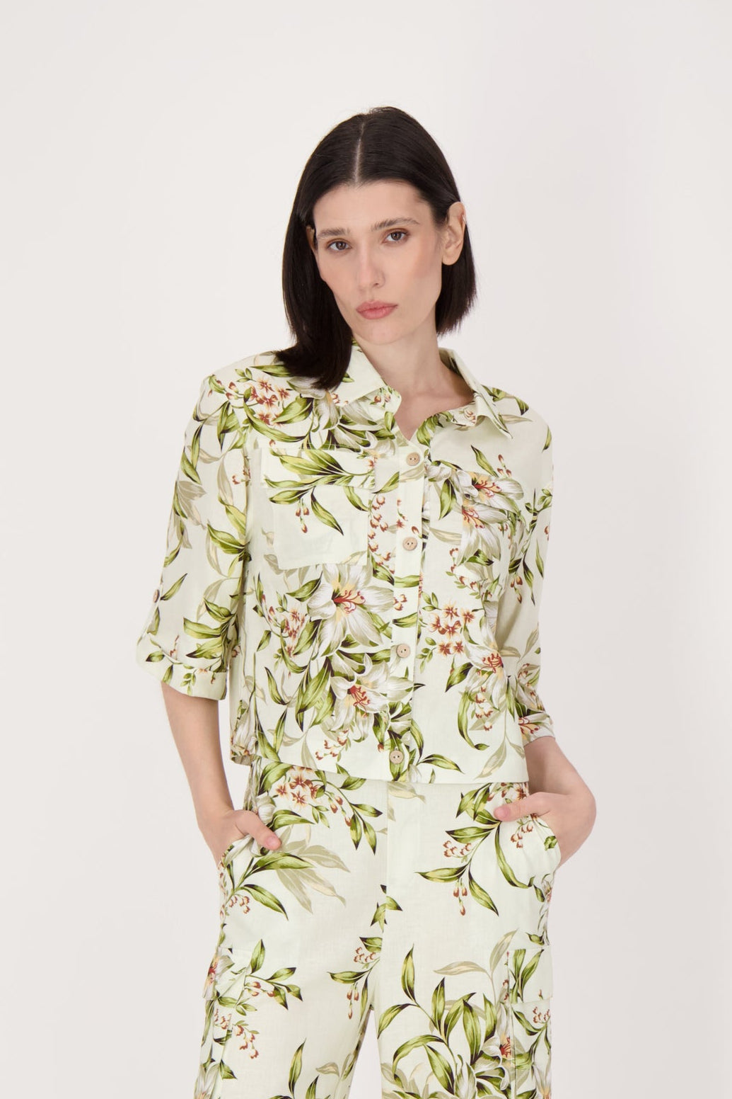 Palm Print Button Up Blouse