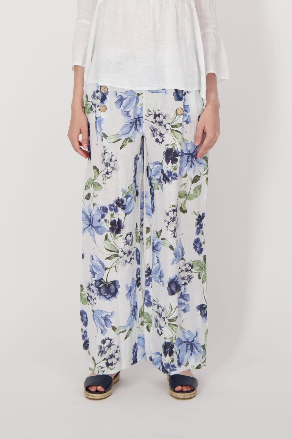 Linen Blue Floral Wide Leg Pant