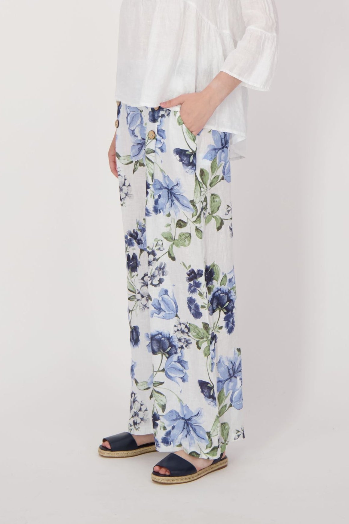 Linen Blue Floral Wide Leg Pant