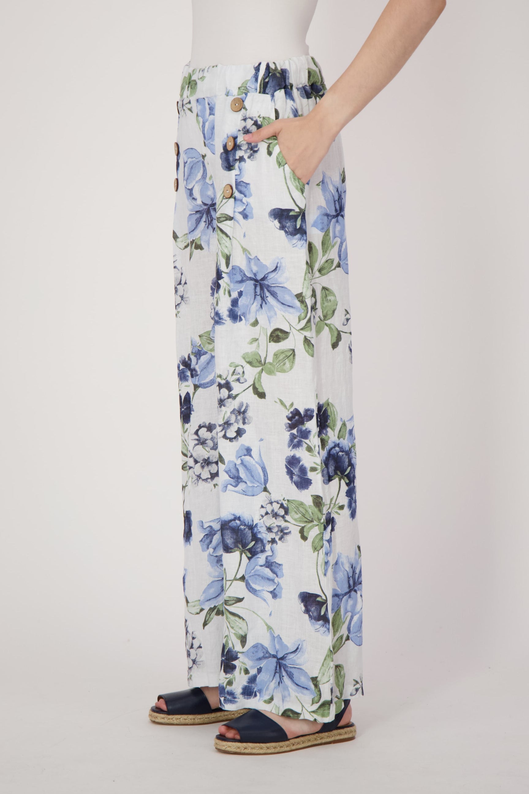 Linen Blue Floral Wide Leg Pant