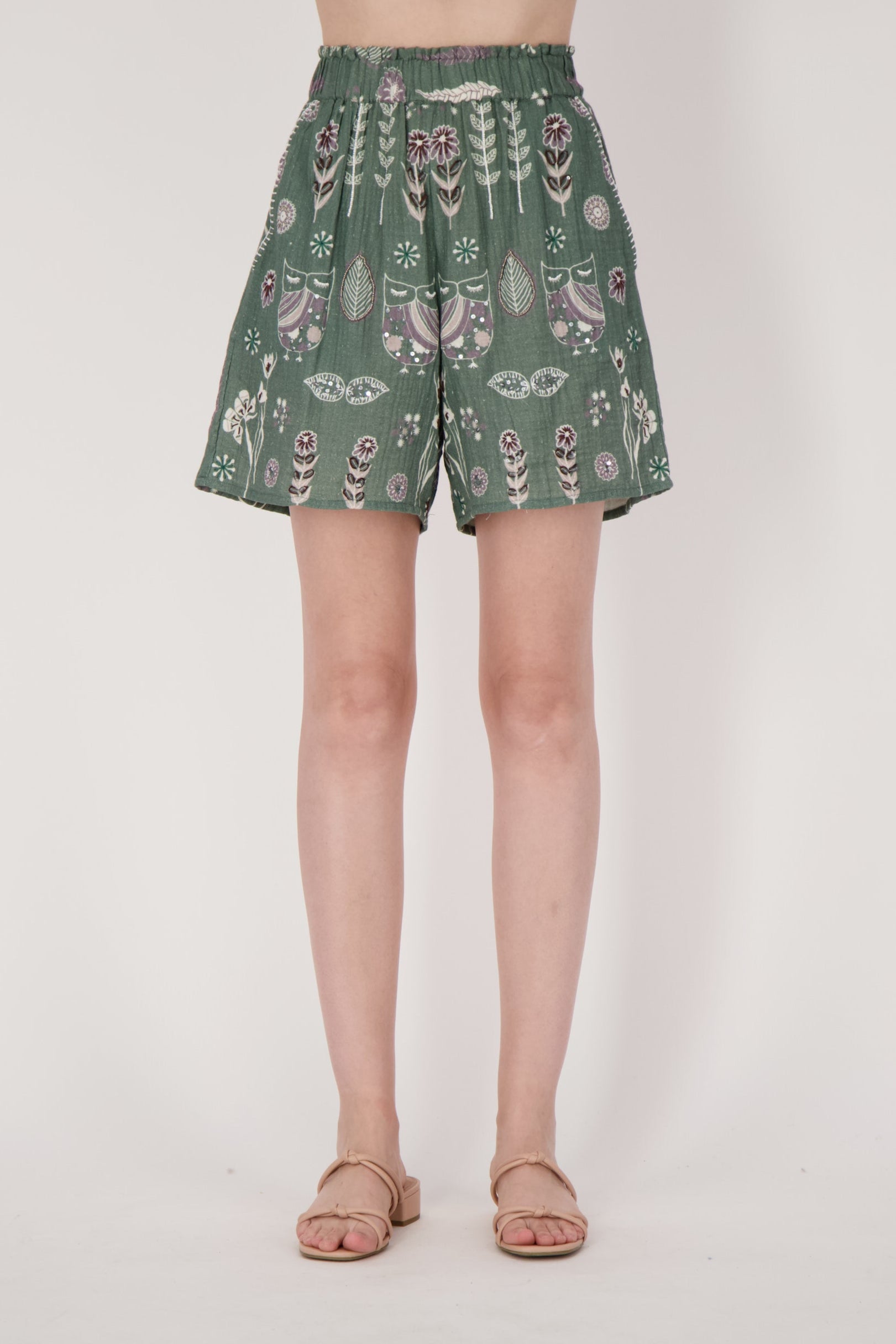 Embroidered Beaded Owl Shorts