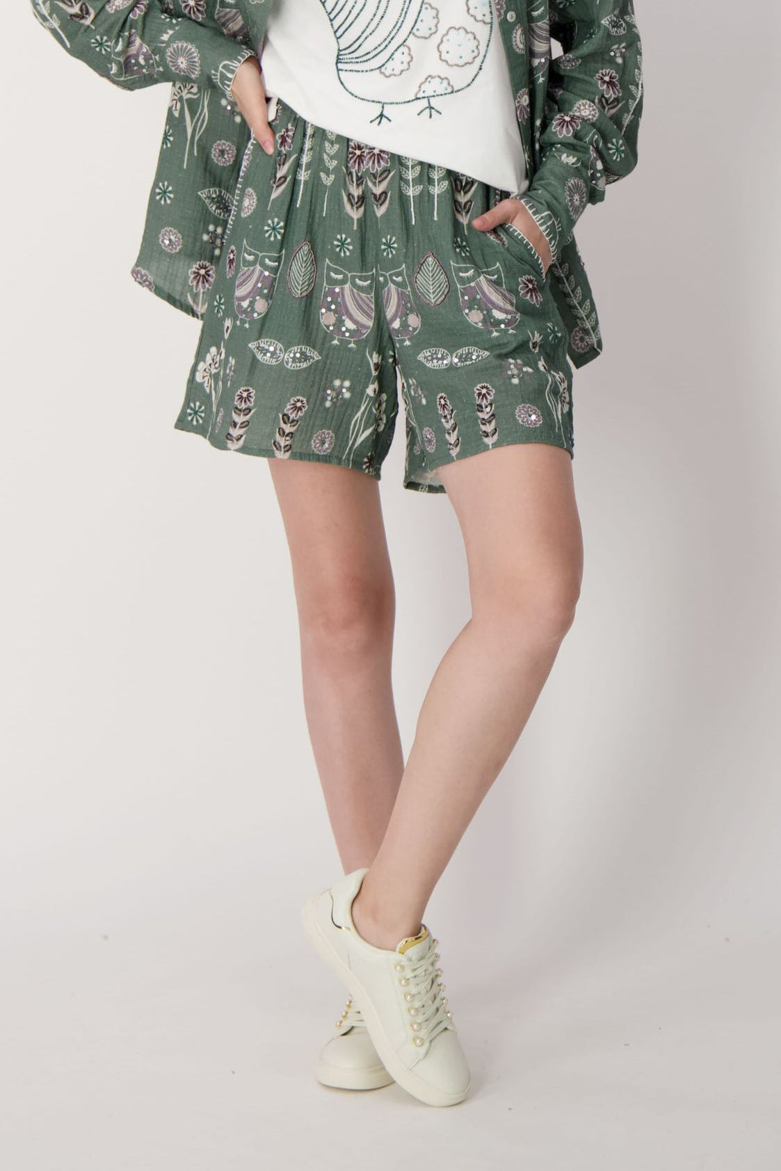 Embroidered Beaded Owl Shorts