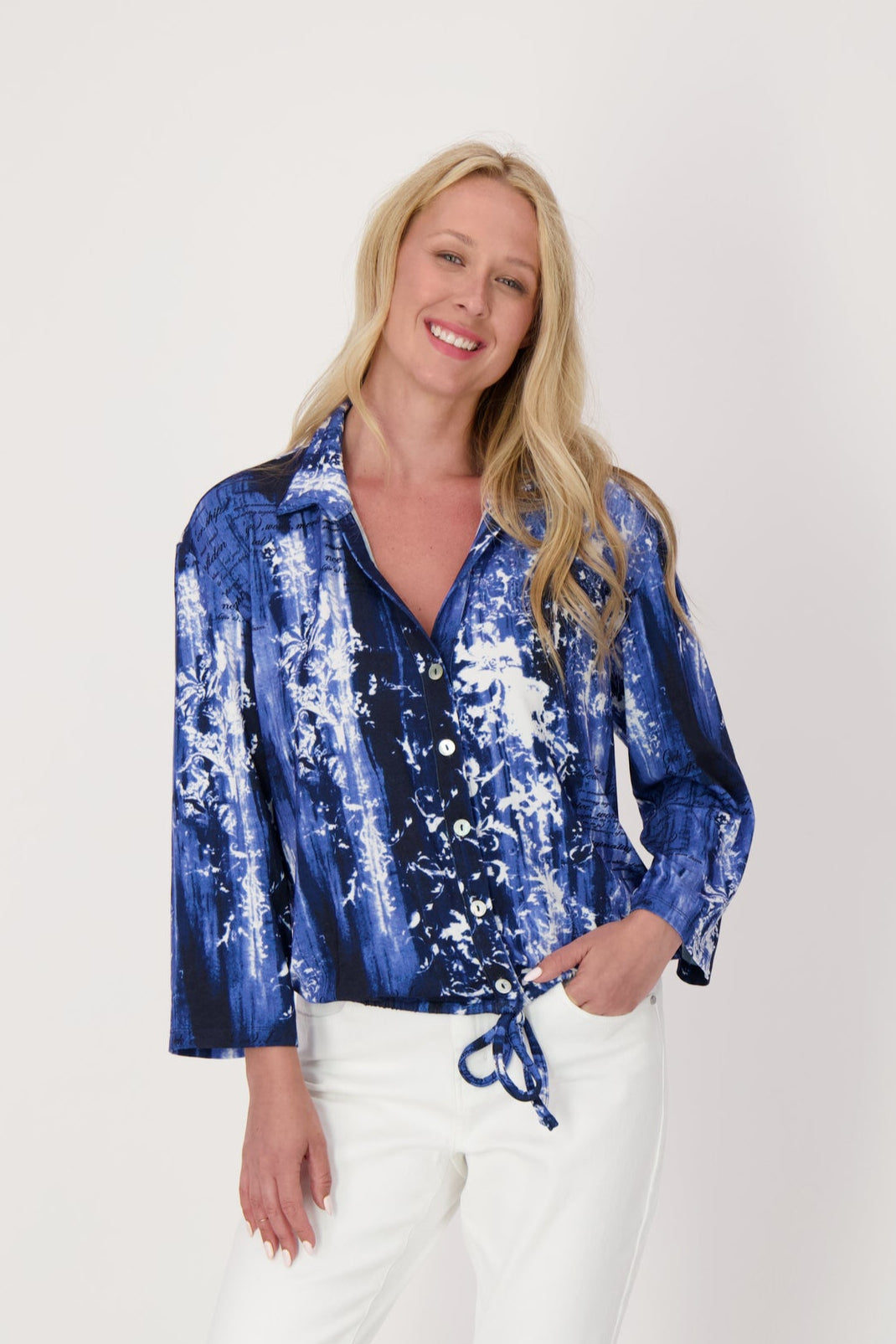 Scribble Button Front Tie Hem Blouse
