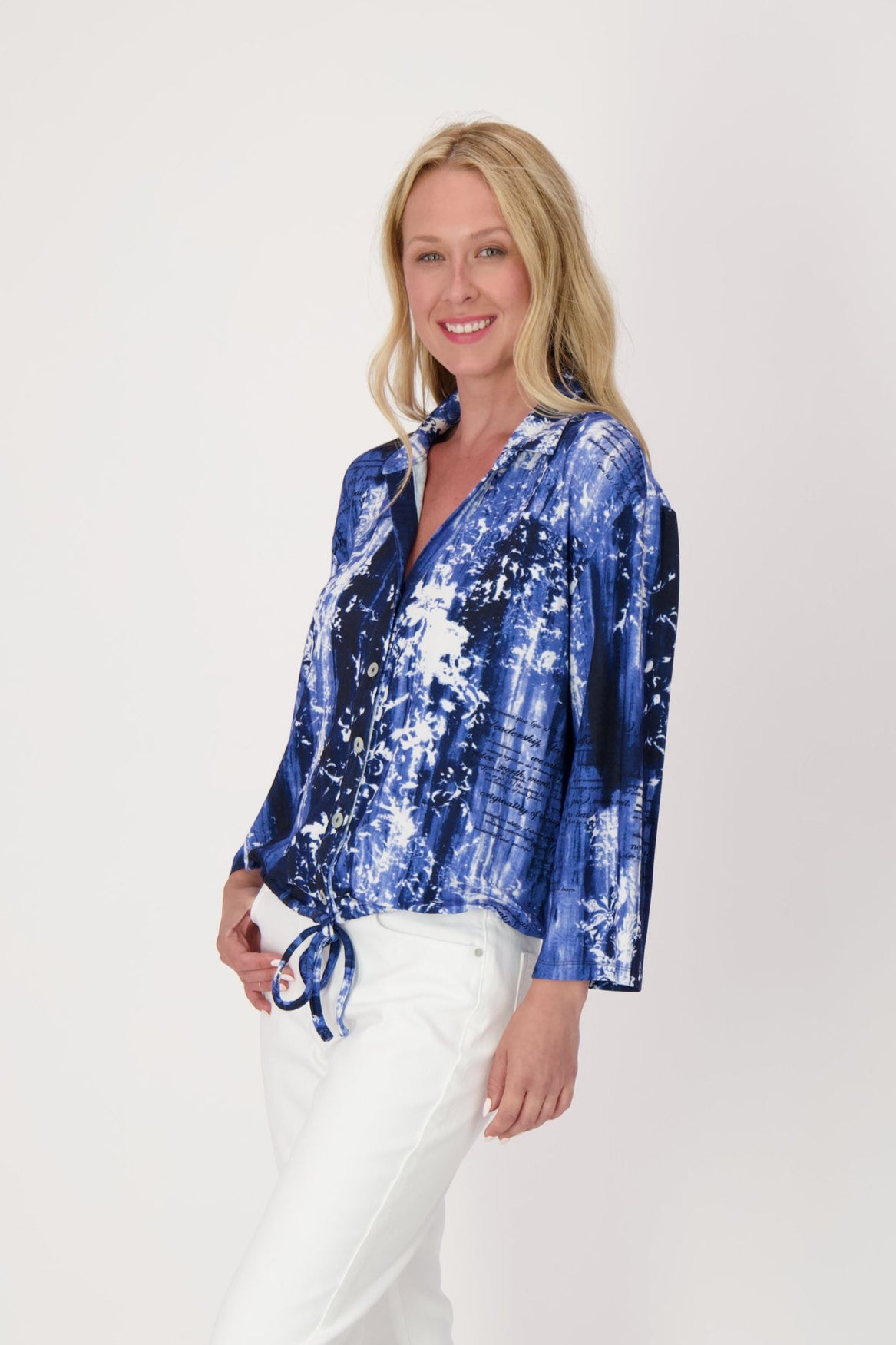 Scribble Button Front Tie Hem Blouse