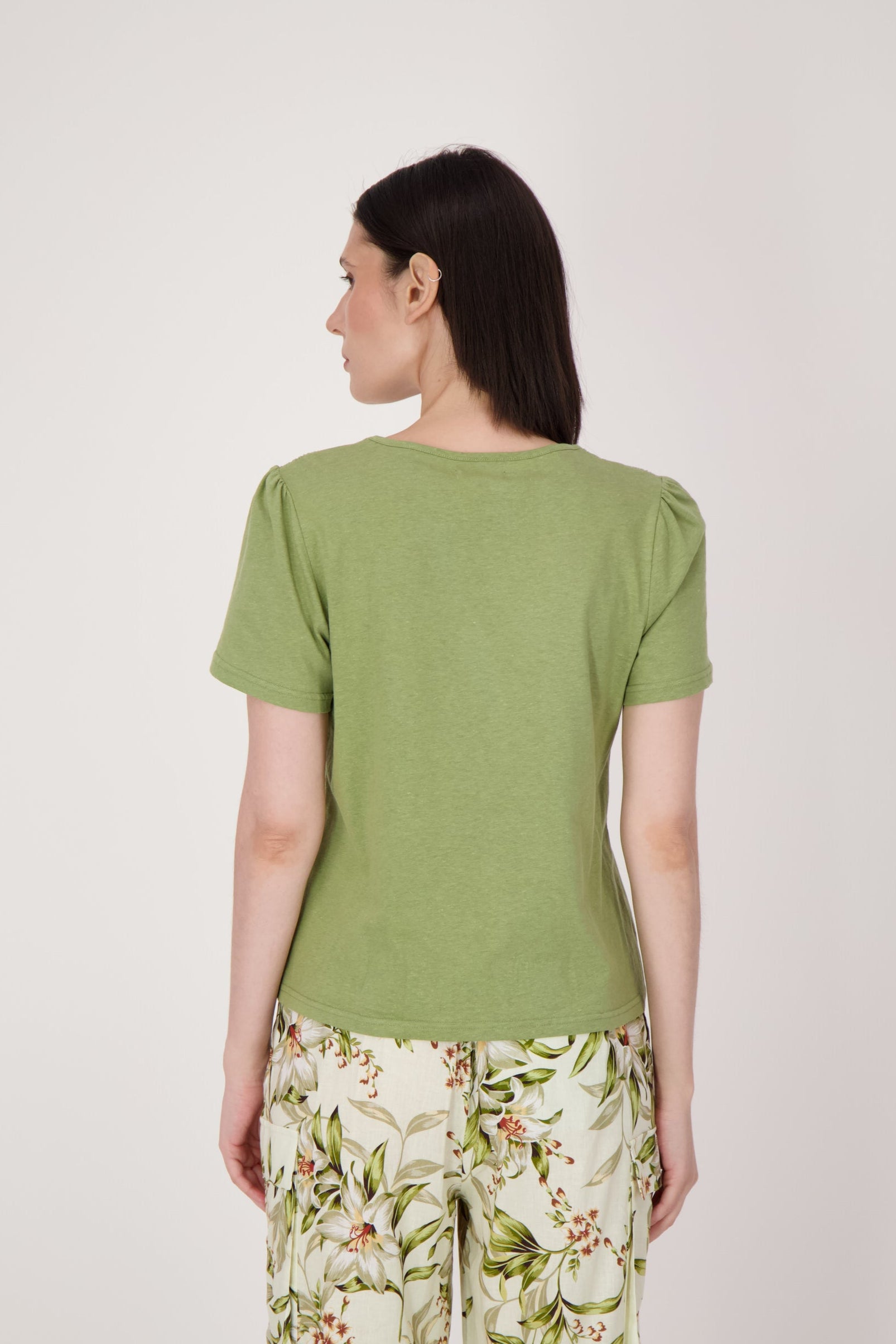 Linen-Cotton Blend Ruched Shoulder T-Shirt