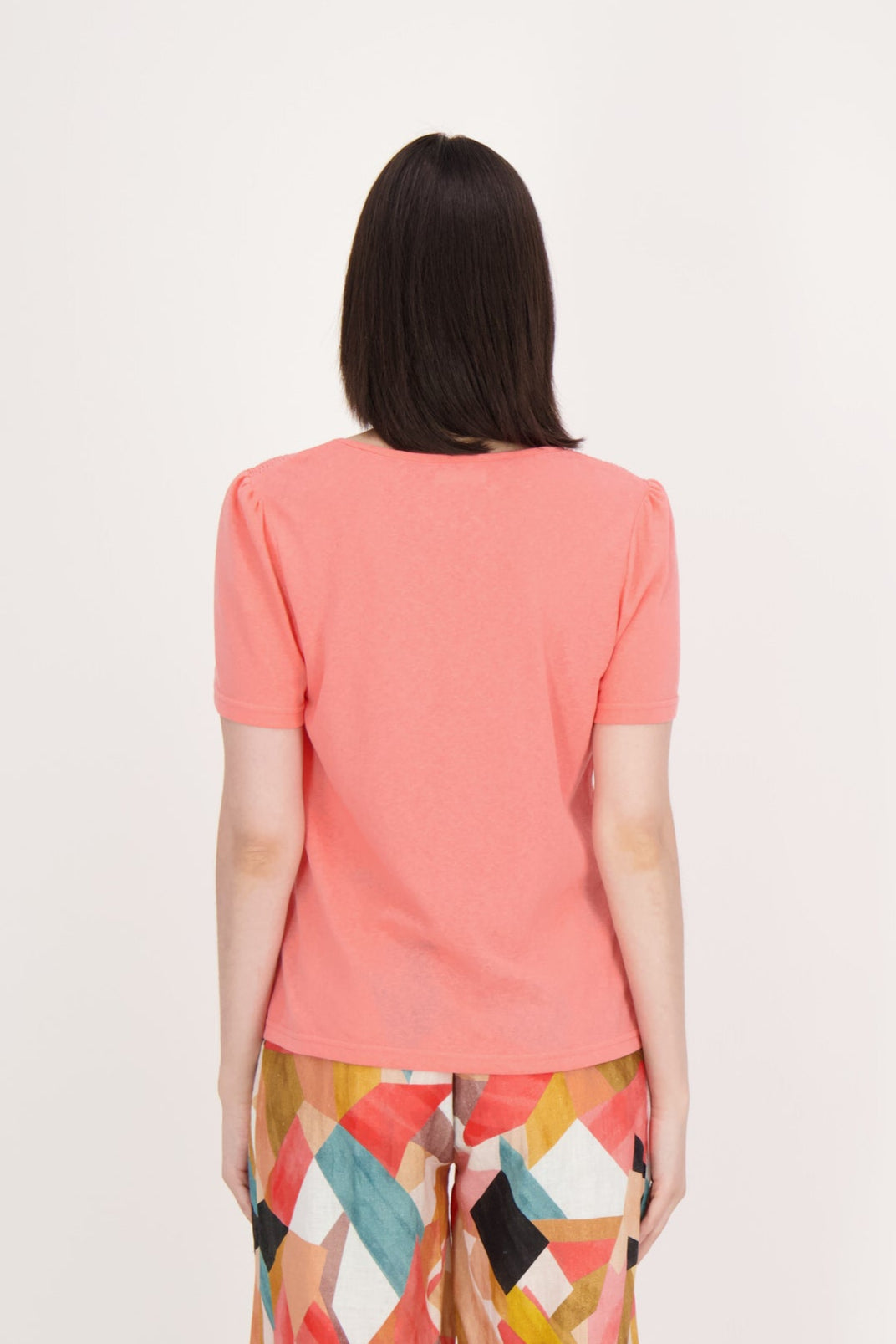 Linen-Cotton Blend Ruched Shoulder T-Shirt