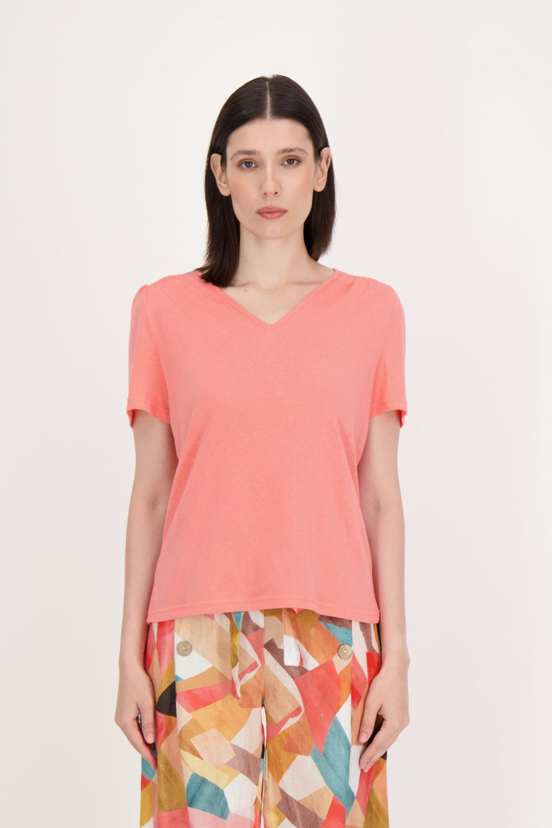 Linen-Cotton Blend Ruched Shoulder T-Shirt
