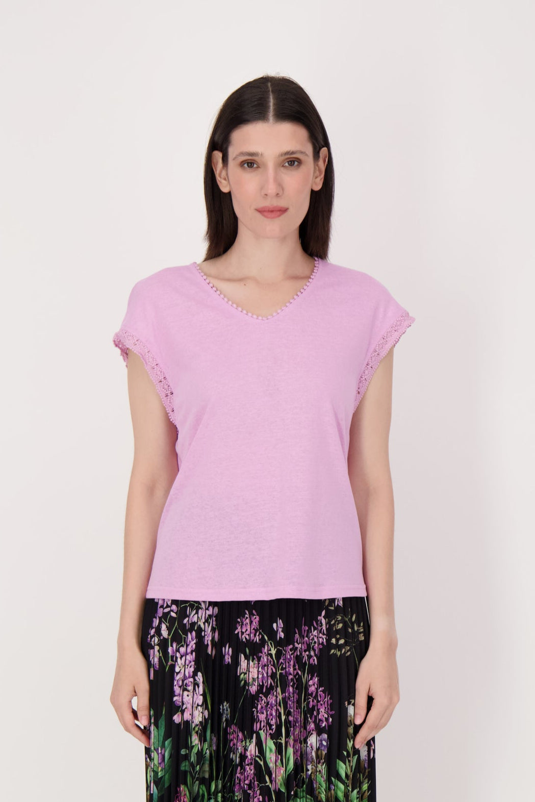 V-Neck T-Shirt With Lace Trim
