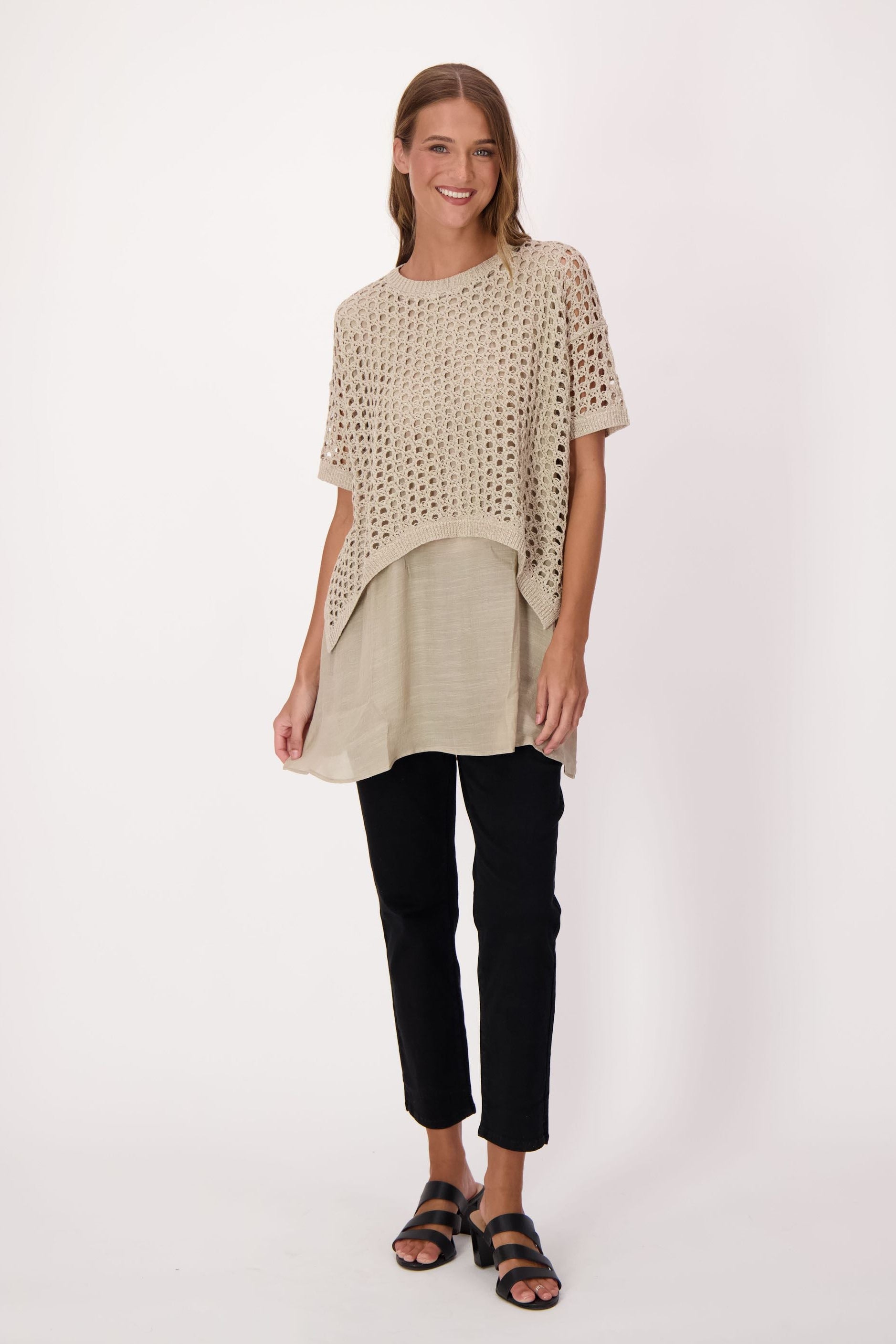 Eyelet Sweater With Woven Shirt