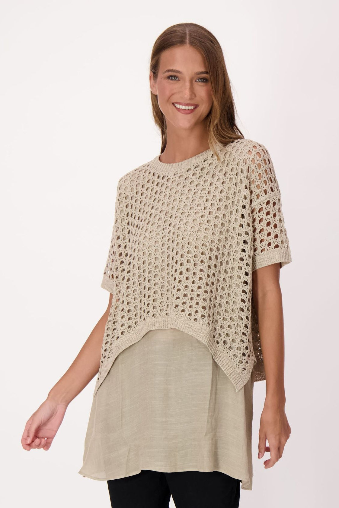 Eyelet Sweater With Woven Shirt