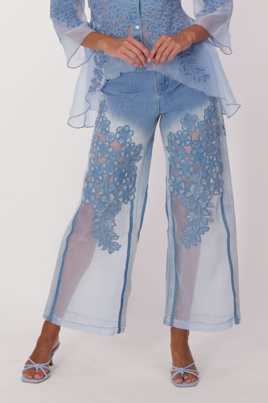 Floral Embroidered Denim Organza Jean