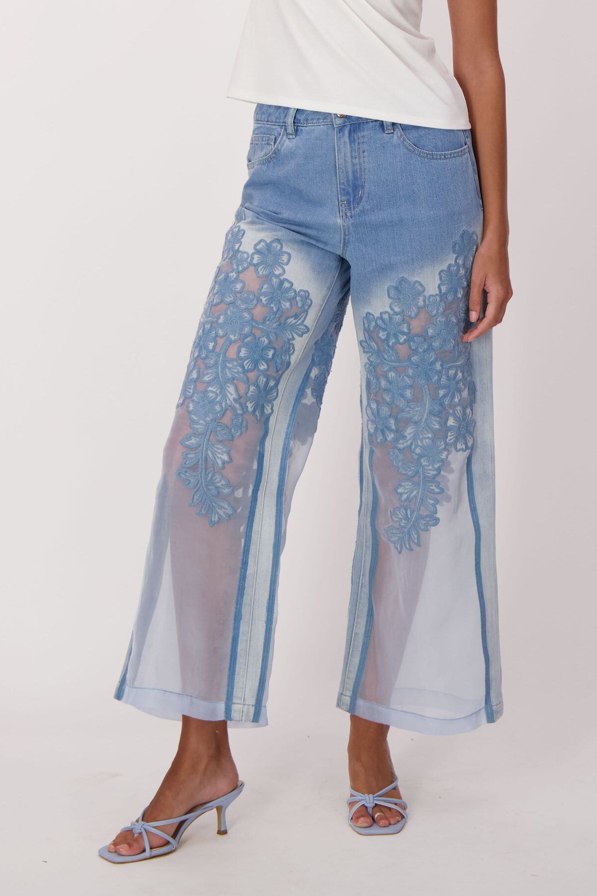 Floral Embroidered Denim Organza Jean