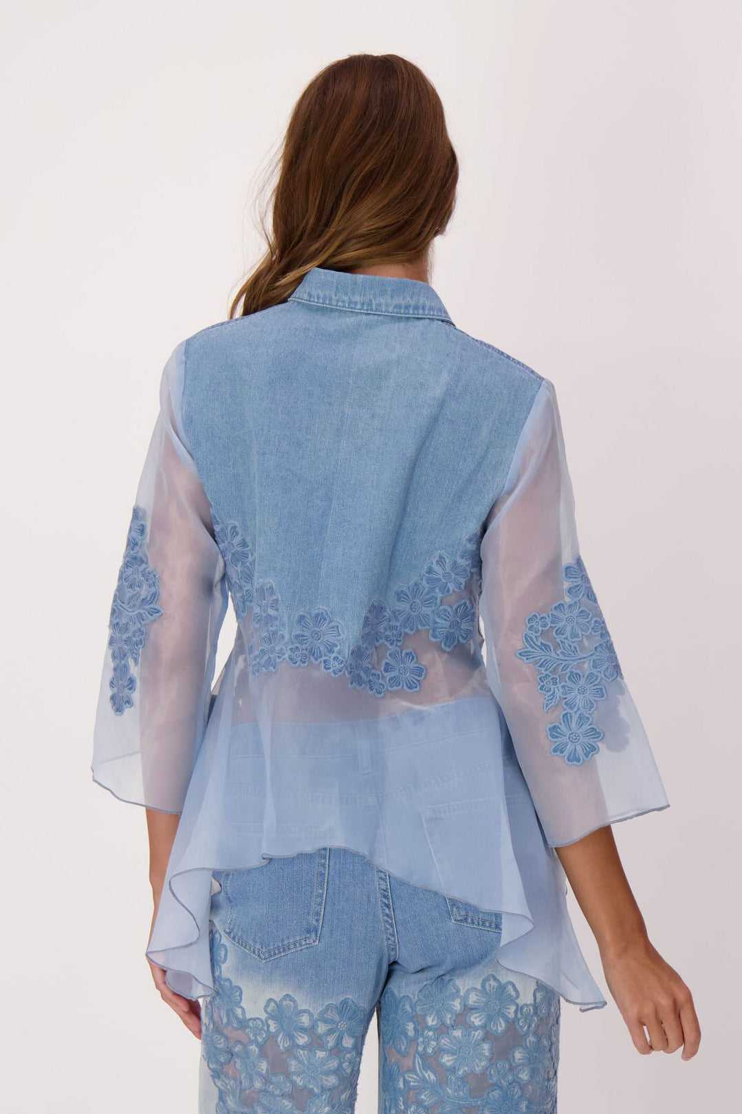 Floral Embroidered Denim Organza Shirt