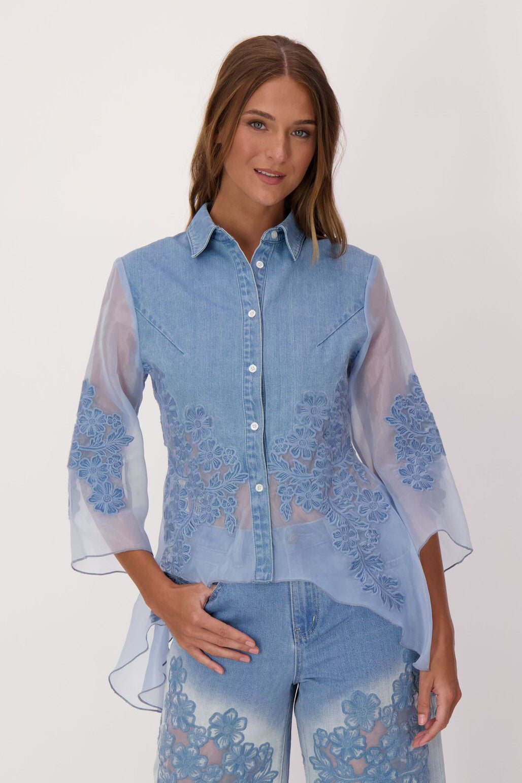 Floral Embroidered Denim Organza Shirt