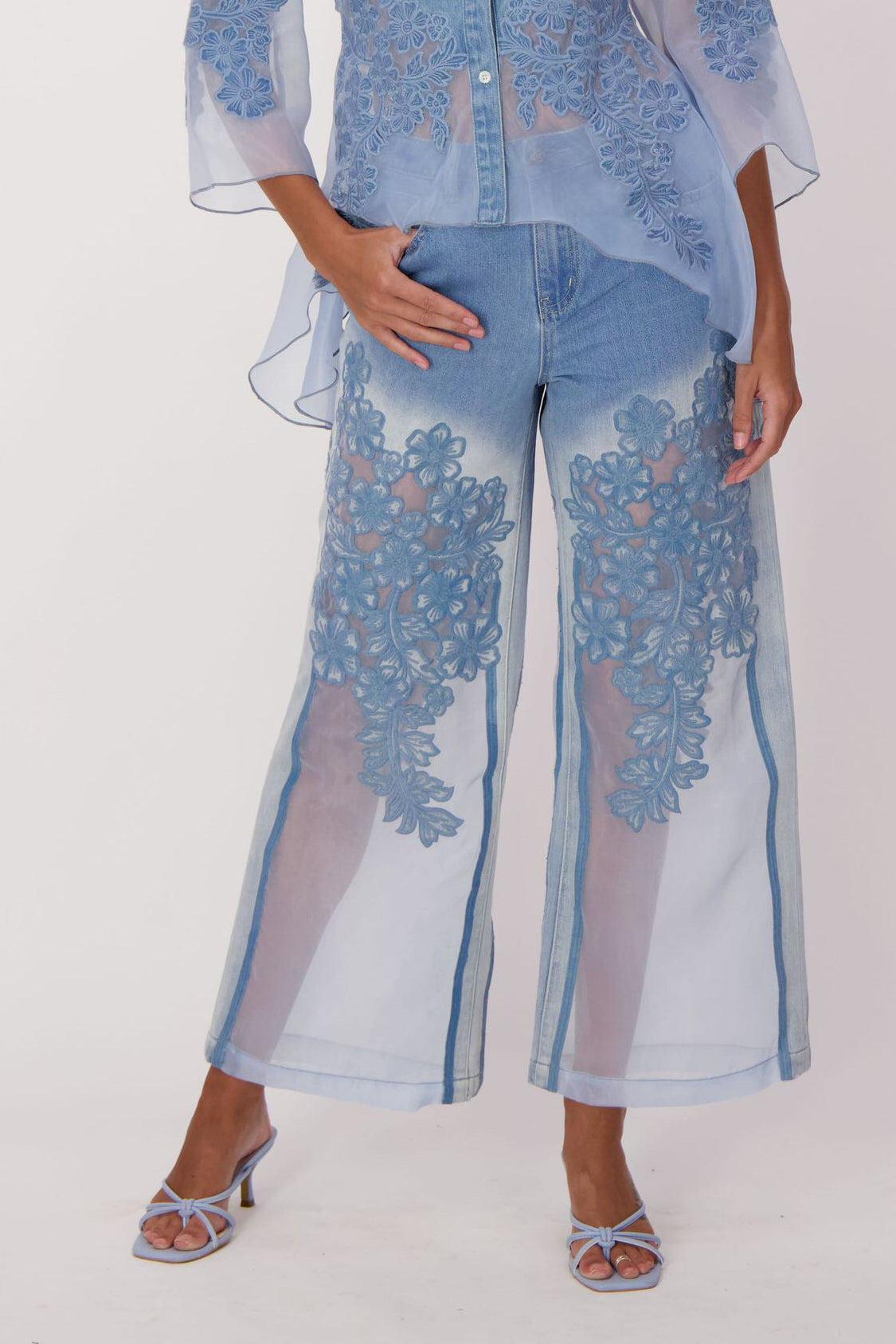 Floral Embroidered Denim Organza Jean