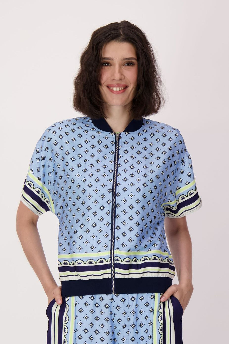 Scarf Print Short Sleeve Bomber Jacket