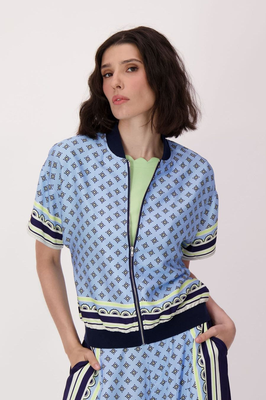 Scarf Print Short Sleeve Bomber Jacket