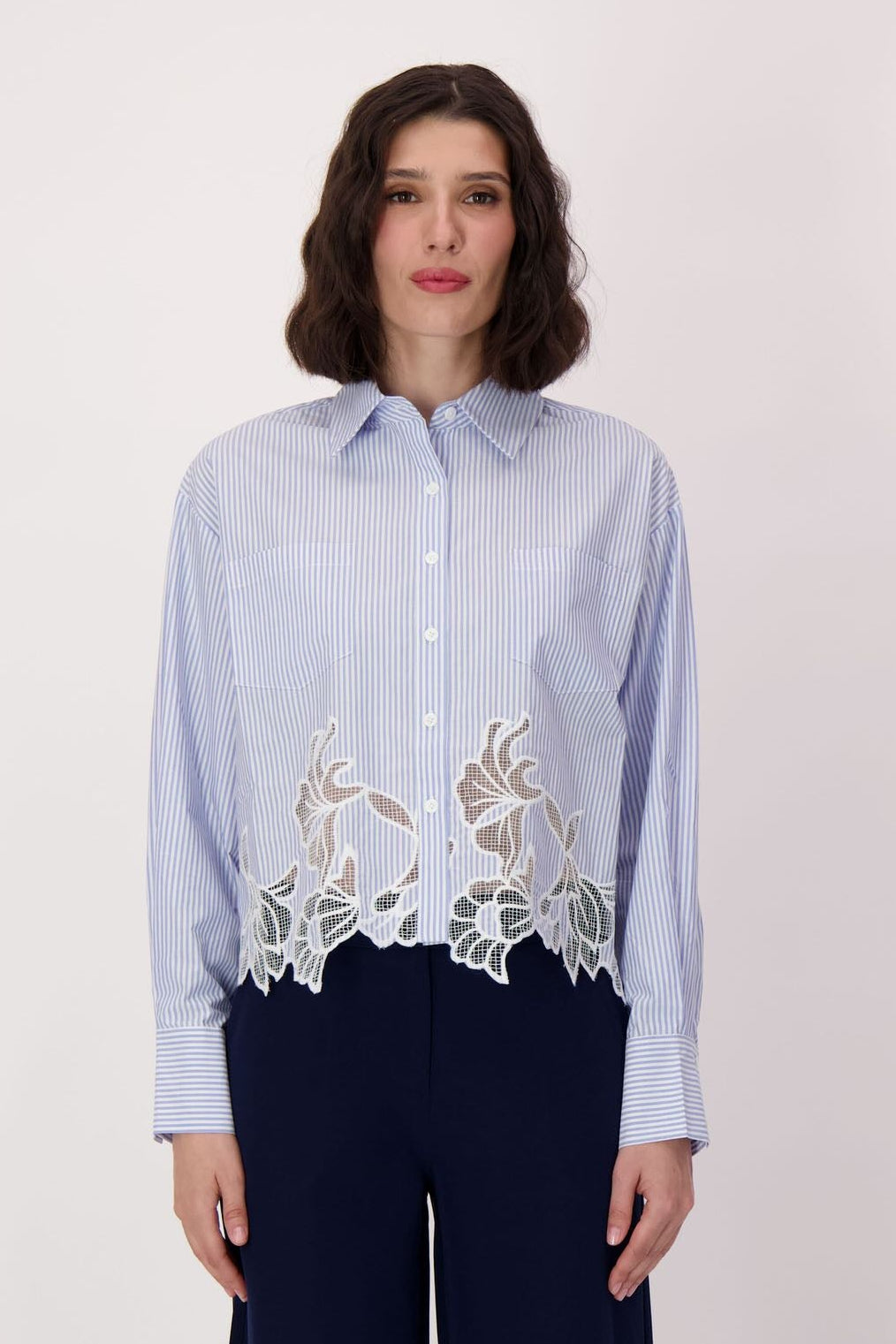 Striped Cutwork Embroidered Hem Cotton Shirt