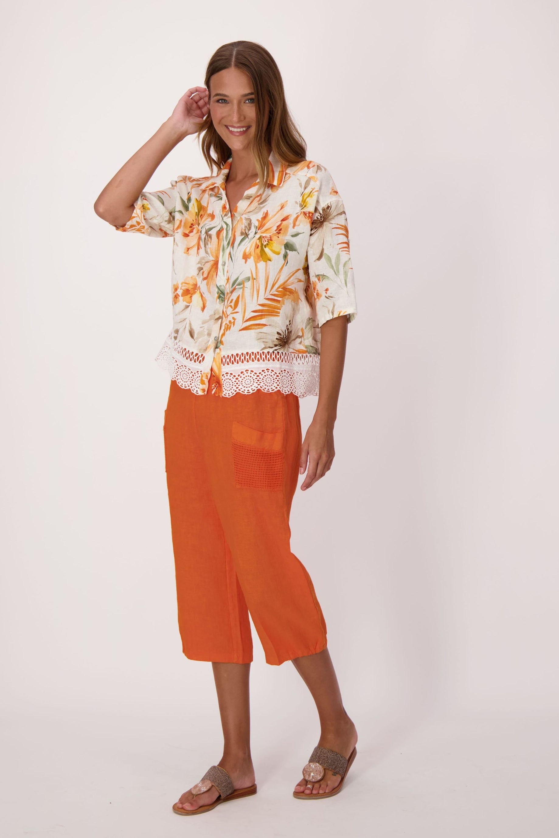 Sunset Palm Lace Hem Linen Shirt Jacket