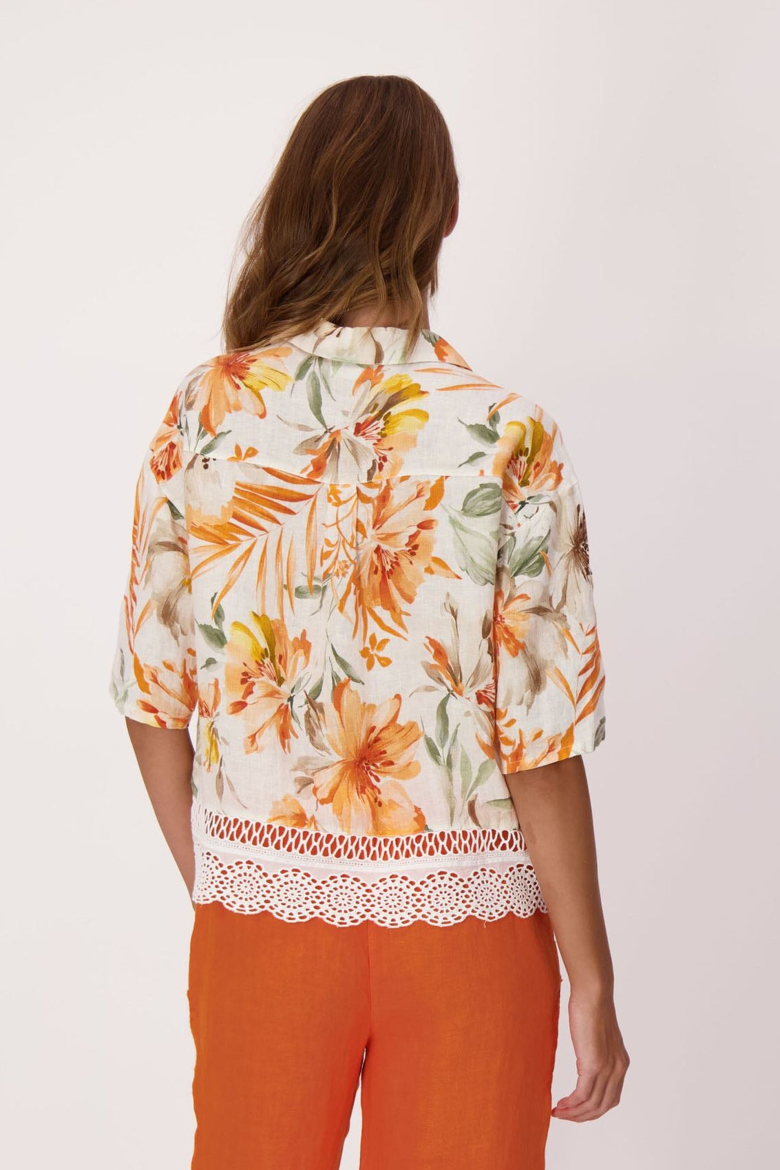Sunset Palm Lace Hem Linen Shirt Jacket