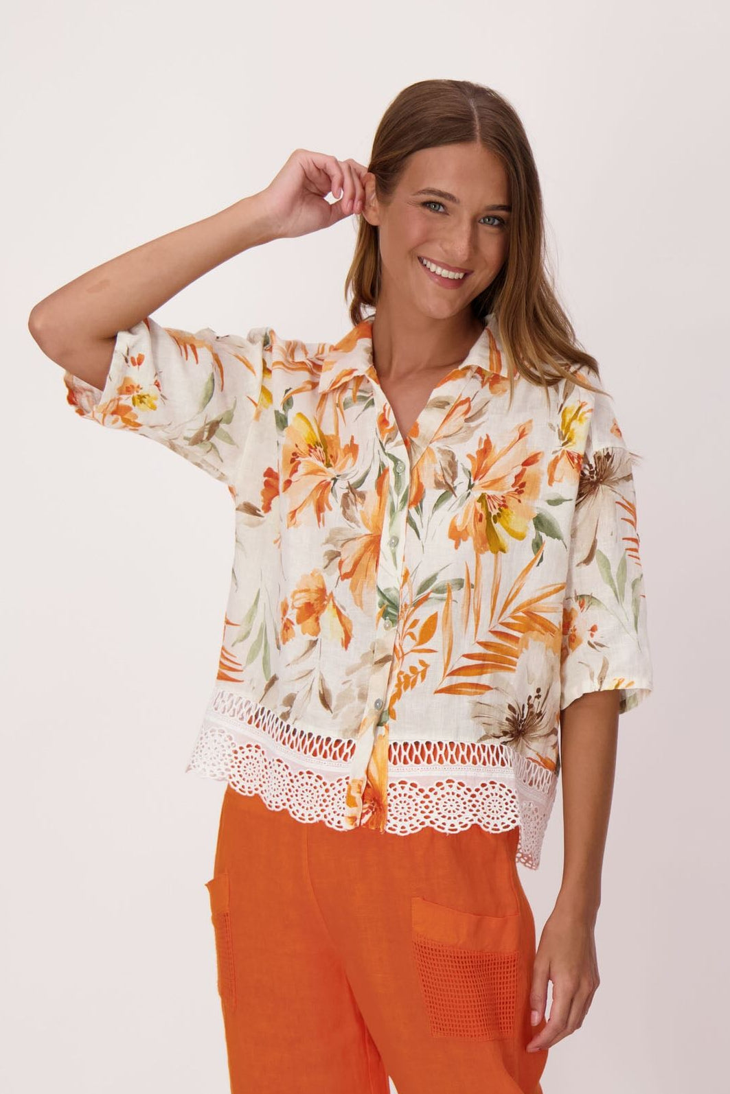 Sunset Palm Lace Hem Linen Shirt Jacket