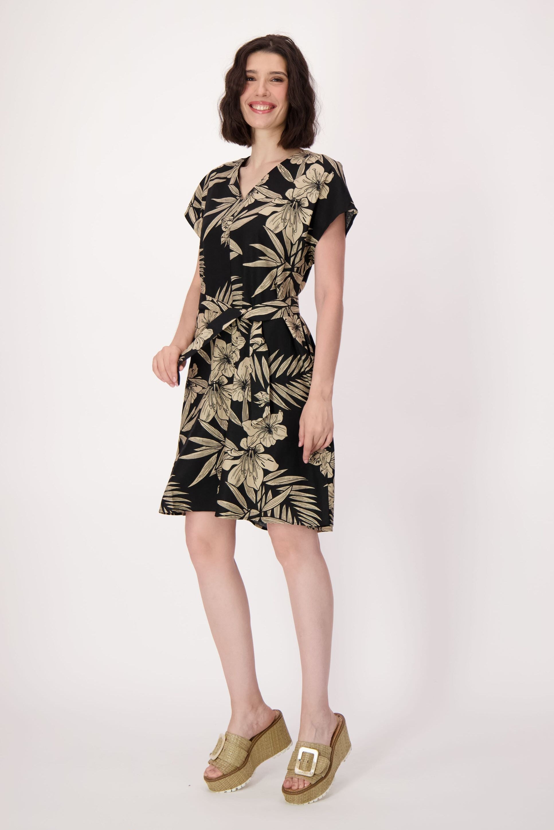 Natural Floral Waist Tie Linen-Blend Dress