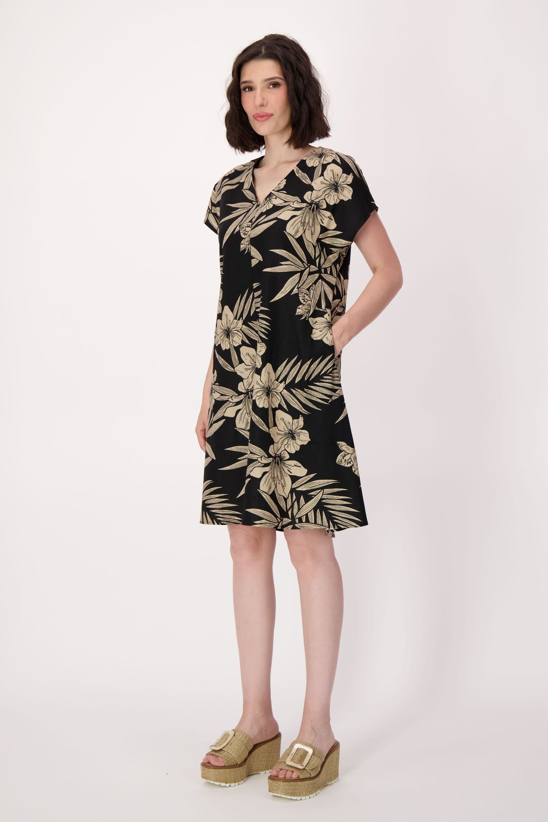 Natural Floral Waist Tie Linen-Blend Dress