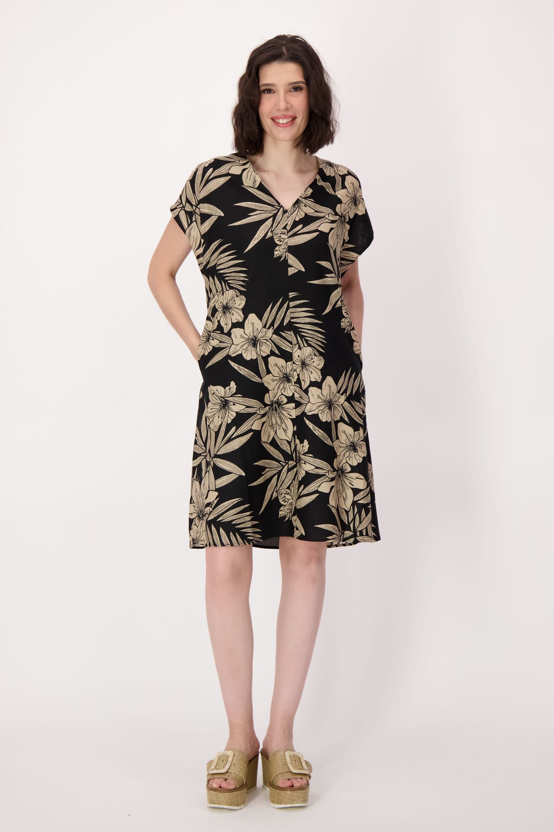 Natural Floral Waist Tie Linen-Blend Dress