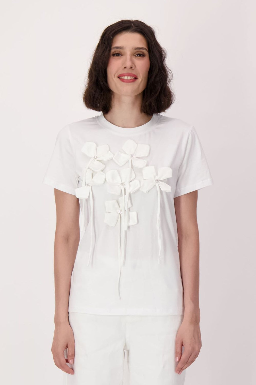 White Flower Applique Cotton T-Shirt