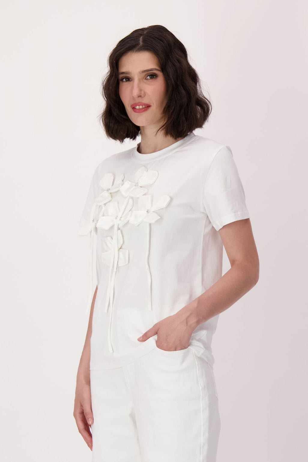 White Flower Applique Cotton T-Shirt