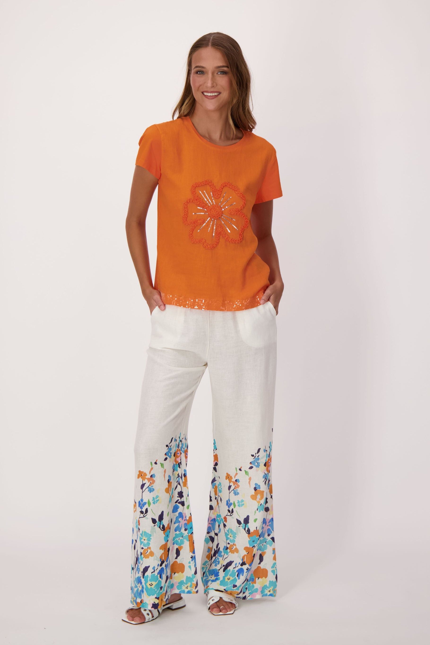 Sparkle Sunflower Applique Linen-Blend T-Shirt
