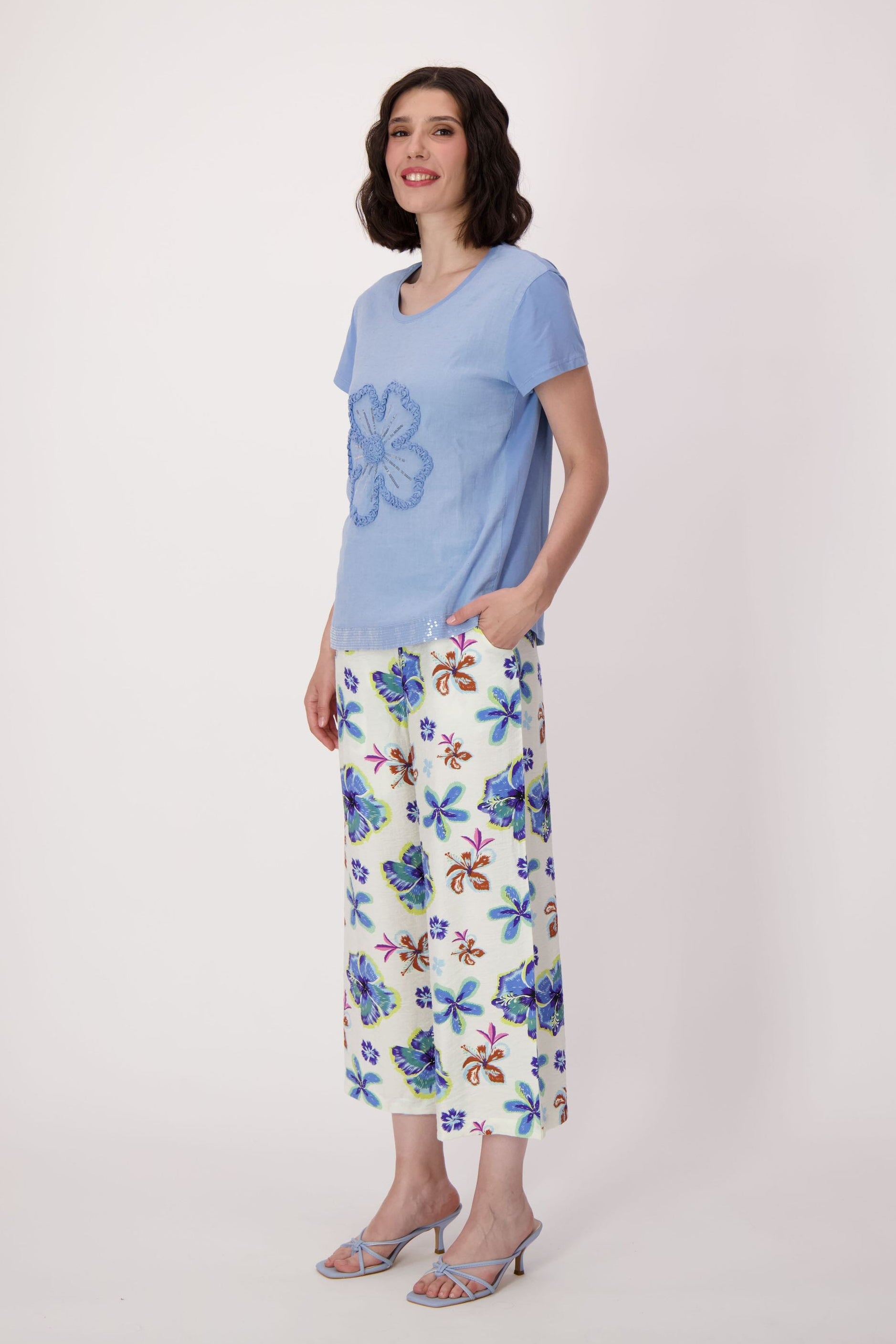 Sparkle Sunflower Applique Linen-Blend T-Shirt