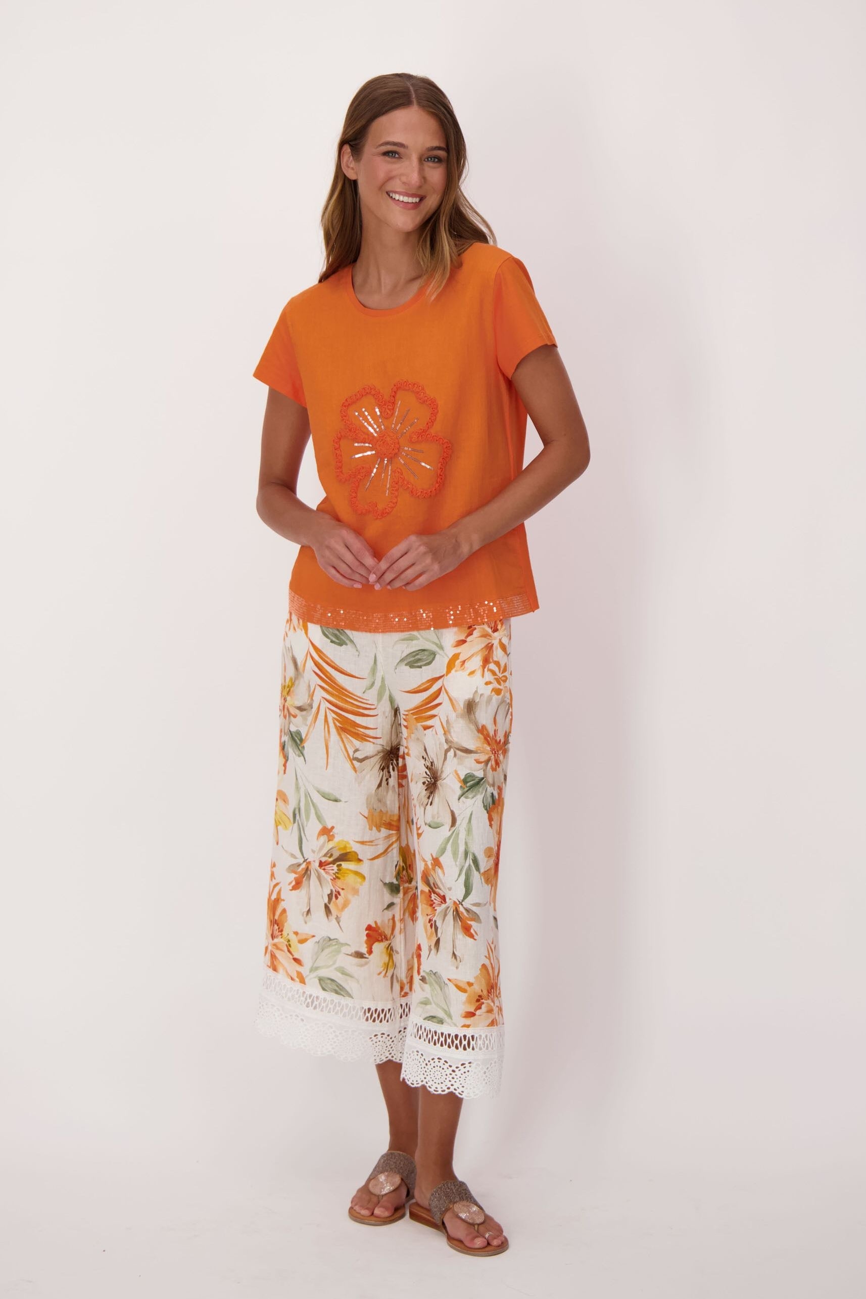 Sparkle Sunflower Applique Linen-Blend T-Shirt