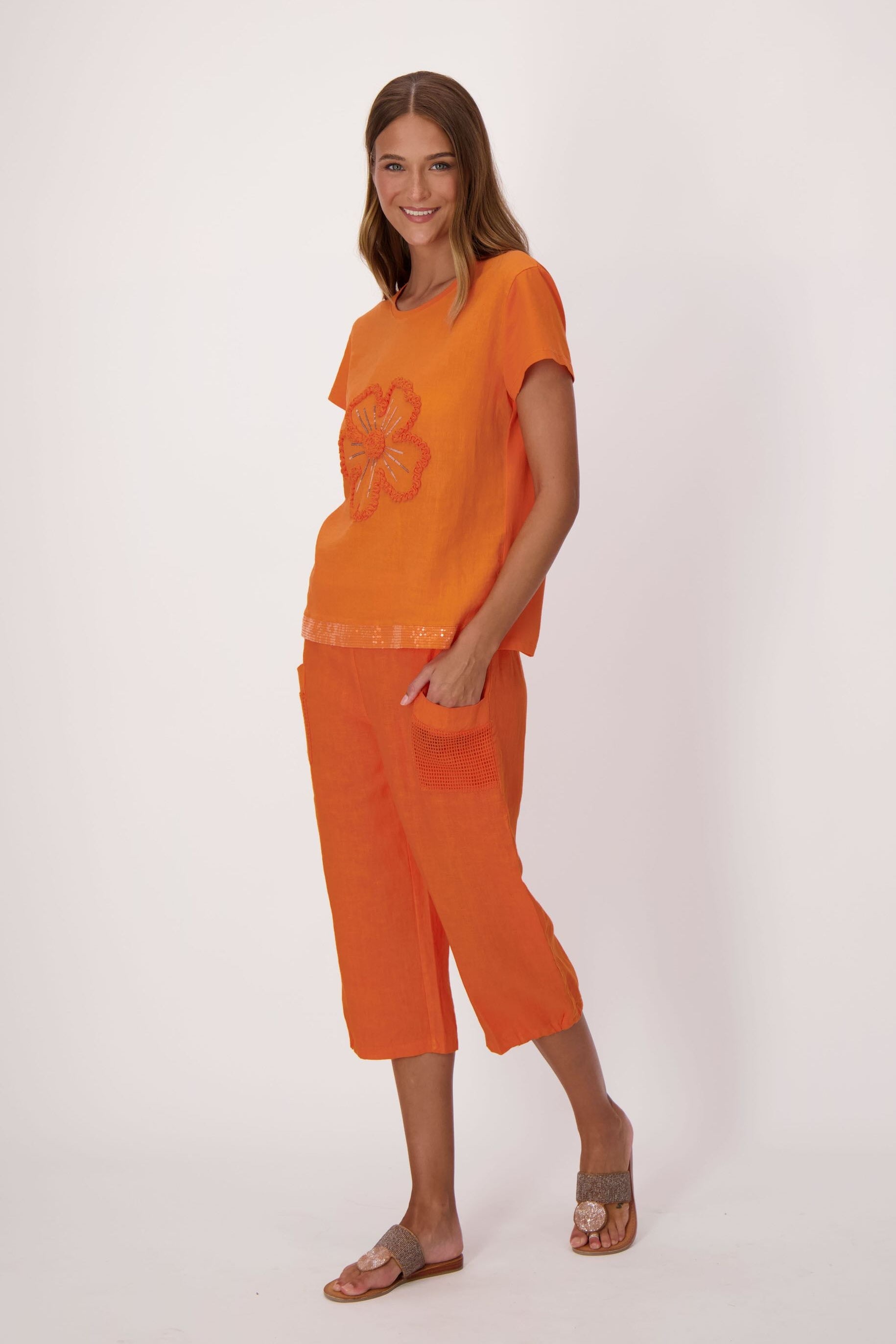 Sparkle Sunflower Applique Linen-Blend T-Shirt