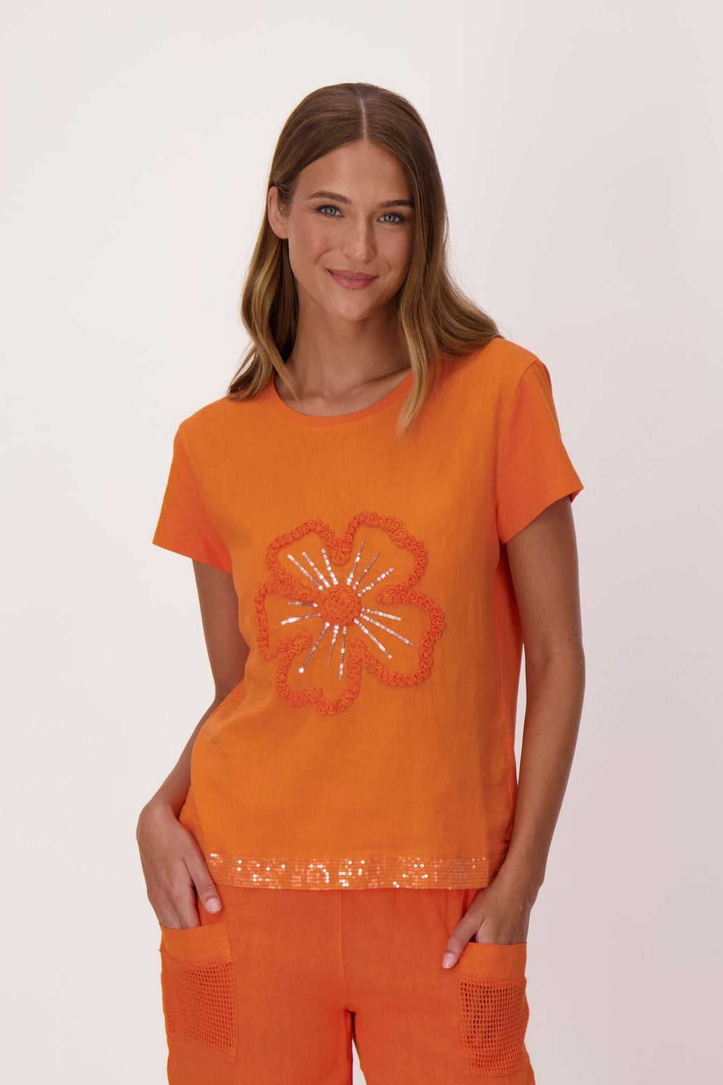 Sparkle Sunflower Applique Linen-Blend T-Shirt
